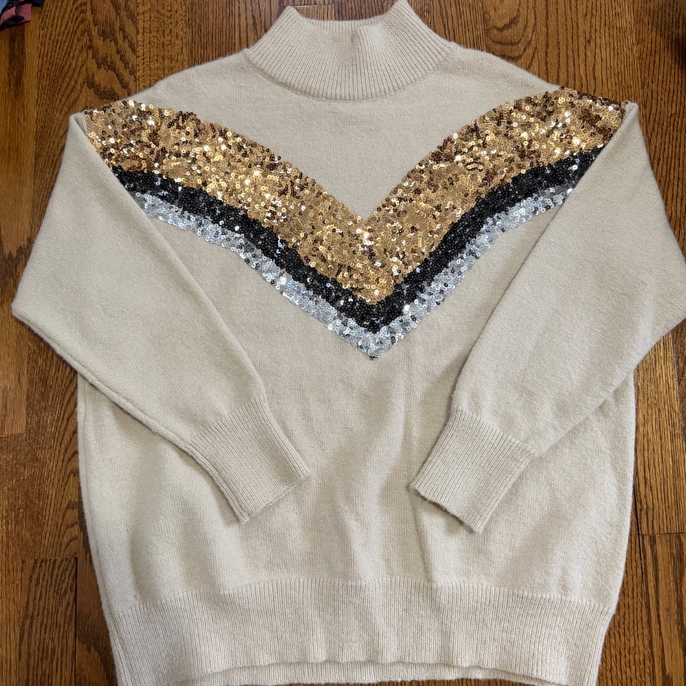 BiBi Tan Sweater Gold Silver Black Sequin Long Sleeve Size Medium